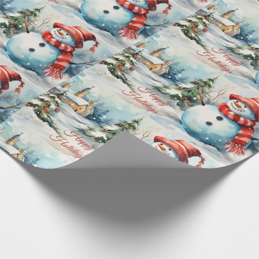 Vintage Kerstmis Sneeuwman Illustratie Cadeaupapier (Hoek)