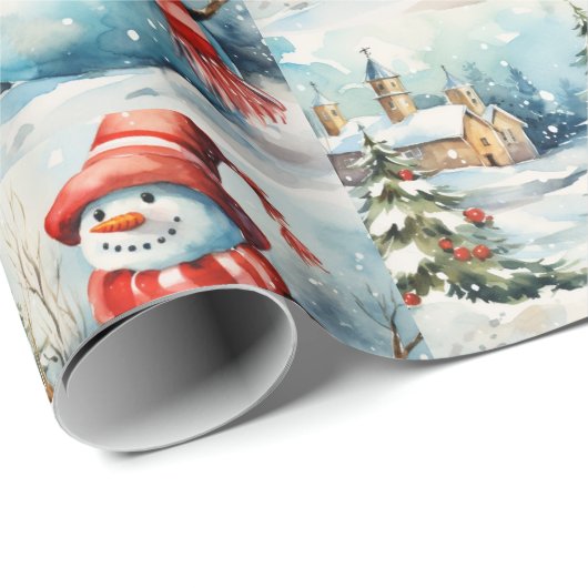 Vintage Kerstmis Sneeuwman Illustratie Cadeaupapier (Rol Hoek)