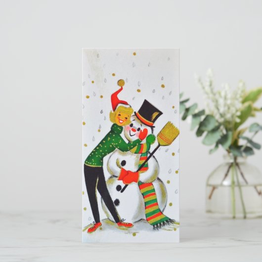 Vintage Kerstmis Sneeuwman Met Meisje Feestdagenkaart (Staand voorkant)