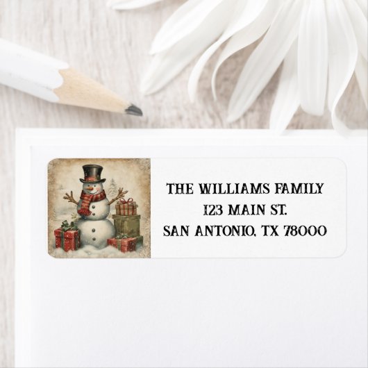 Vintage Kerstmis Sneeuwman Retouradres Etiket (Insitu)