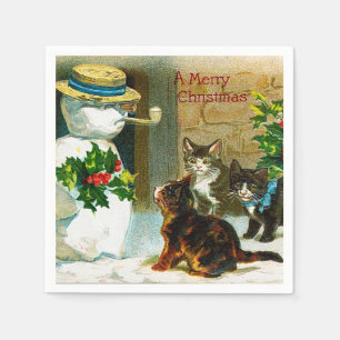 Vintage Kerstmis sneeuwpop katten feest servetten