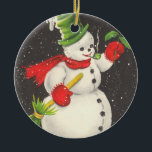 Vintage Kerstmis Snowman  Keramisch Ornament<br><div class="desc">/ Victoriaans kersthangende ornamenten,  Snowman in een groen pet en rode sjaal,  personaliseer dit hangende keramische ornament met je eigen tekst,   kunstwerk</div>