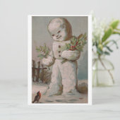 Vintage Kerstmis Snowman voert vogel uit Feestdagenkaart (Staand voorkant)