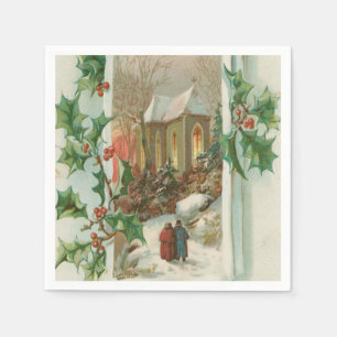 Vintage Kerstmis Snowy Church Servetten