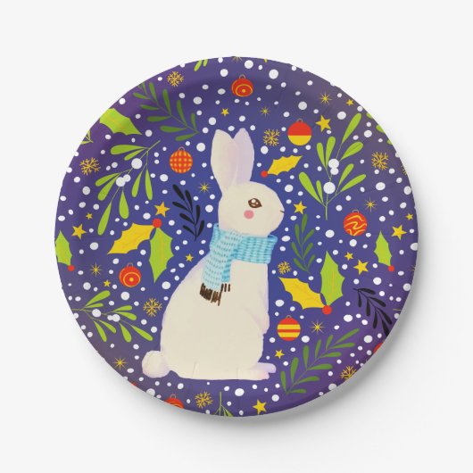 Vintage Kerstmis Snowy Rabbit Winter Papieren Bordje (Voorkant)