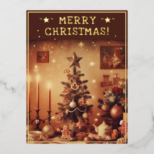 Vintage Kerstmis Thema Groeten Rustieke Boom Pic Folie Feestdagen Briefkaart