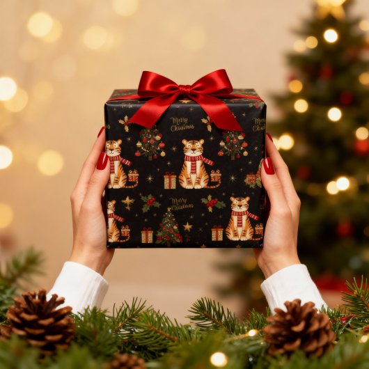 Vintage Kerstmis Tijger met Boom Zwart Cadeaupapier