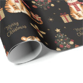 Vintage Kerstmis Tijger met Boom Zwart Cadeaupapier (Rol Hoek)