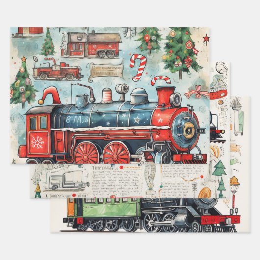 Vintage Kerstmis trein liefhebbers Inpakpapier Vel (Set)