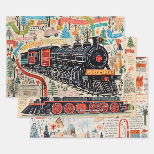 Vintage Kerstmis trein liefhebbers Inpakpapier Vel (Set)