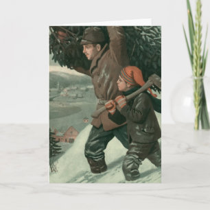 Vintage Kerstmis, vader en zoon knippen een boom o Feestdagen Kaart
