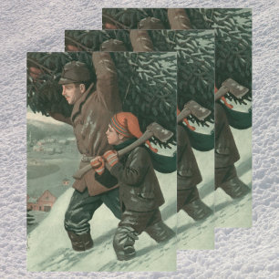 Vintage Kerstmis, vader en zoon knippen een boom o Inpakpapier Vel