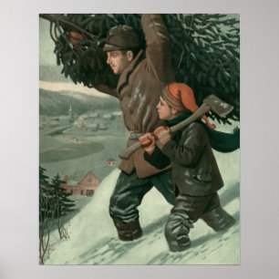 Vintage Kerstmis, vader en zoon knippen een boom o Poster