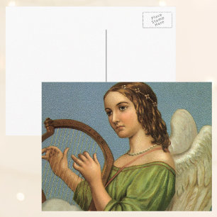 Vintage Kerstmis, Victoriaans Angel met Music Harp Feestdagenkaart