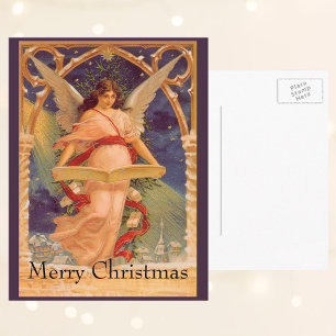 Vintage Kerstmis, Victoriaans Angel Reading Bijbel Feestdagenkaart