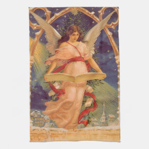 Vintage Kerstmis, Victoriaans Angel Reading Bijbel Theedoek