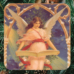 Vintage Kerstmis, Victoriaans Angel Reading Bijbel Vierkante Sticker