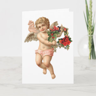 Vintage Kerstmis, Victoriaans Angel w Floral Wreat Feestdagen Kaart