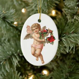 Vintage Kerstmis, Victoriaans Angel w Floral Wreat Keramisch Ornament