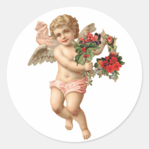 Vintage Kerstmis, Victoriaans Angel w Floral Wreat Ronde Sticker