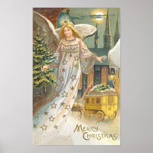 Vintage Kerstmis, Victoriaans engel met boom Poster (Voorkant)