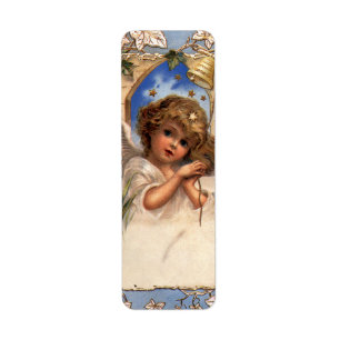 Vintage Kerstmis, Victoriaans engel met goudcellen Etiket