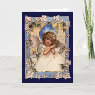Vintage Kerstmis, Victoriaans engel met goudcellen Feestdagen Kaart