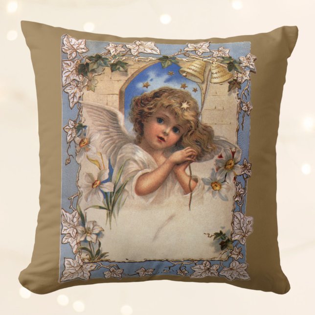 Vintage Kerstmis, Victoriaans engel met goudcellen Kussen (Creator heeft geüpload)
