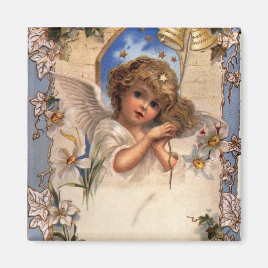 Vintage Kerstmis, Victoriaans engel met goudcellen Magneet (Voorkant)