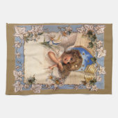 Vintage Kerstmis, Victoriaans engel met goudcellen Theedoek (Horizontaal)