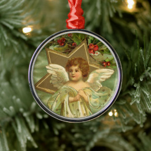 Vintage Kerstmis, Victoriaans engel met gouden ste Metalen Ornament