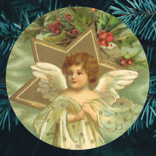 Vintage Kerstmis, Victoriaans engel met gouden ste Ronde Sticker