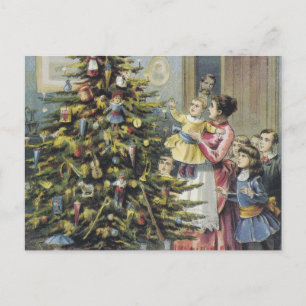 Vintage Kerstmis, Victoriaans familie rond de boom Feestdagenkaart