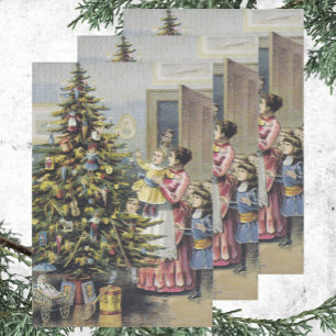 Vintage Kerstmis, Victoriaans familie rond de boom Inpakpapier Vel