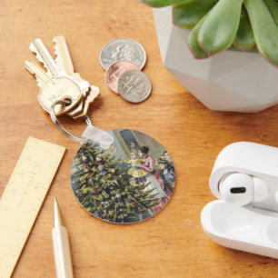 Vintage Kerstmis, Victoriaans familie rond de boom Sleutelhanger