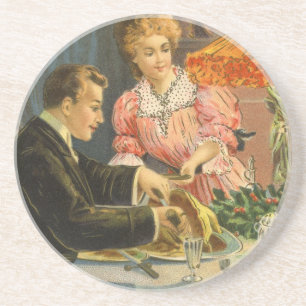 Vintage Kerstmis, Victoriaans gezinsdiner Zandsteen Onderzetter