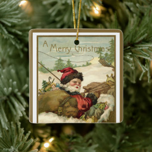 Vintage Kerstmis, Victoriaans kerstman in Sleigh Keramisch Ornament