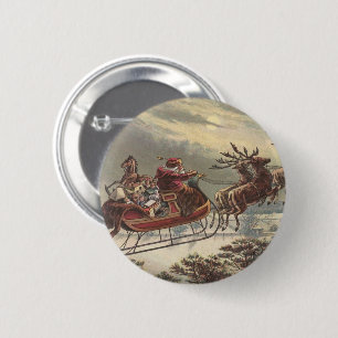 Vintage Kerstmis, Victoriaans kerstman in Sleigh Ronde Button 5,7 Cm