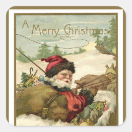 Vintage Kerstmis, Victoriaans kerstman in Sleigh Vierkante Sticker