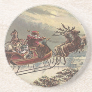 Vintage Kerstmis, Victoriaans kerstman in Sleigh Zandsteen Onderzetter