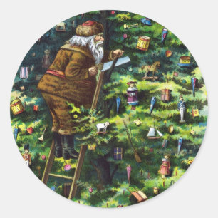 Vintage Kerstmis, Victoriaans kerstman met boom Ronde Sticker