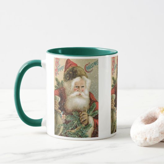 Vintage Kerstmis, Victoriaans kerstman met pine Mok (Met donut)