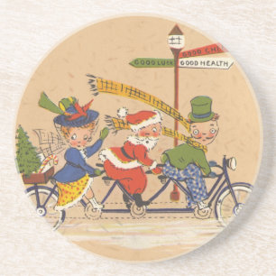 Vintage Kerstmis, Victoriaans kerstman op bike Zandsteen Onderzetter