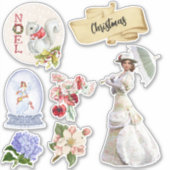 Vintage Kerstmis Victoriaans Lady Flowers Snowglob Sticker (Voorkant)