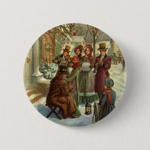 Vintage Kerstmis, Victoriaans Musicians Caroling Ronde Button 5,7 Cm
