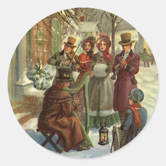 Vintage Kerstmis, Victoriaans Musicians Caroling Ronde Sticker (Voorkant)