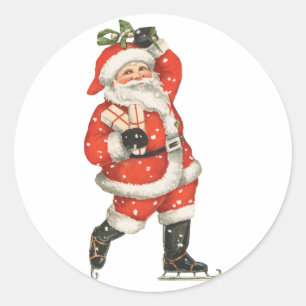 Vintage Kerstmis Victoriaanse Kerstman IJsschaatse Ronde Sticker