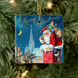 Vintage Kerstmis Victoriaanse Kerstman op Schoorst Keramisch Ornament