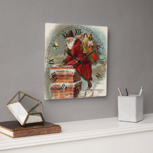 Vintage Kerstmis Victoriaanse Sint Nicolaas op Dak Vierkante Klok