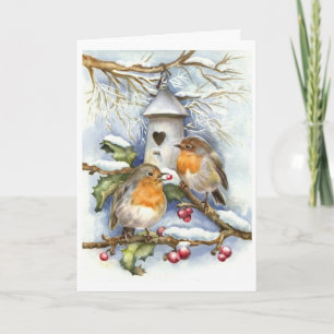 Vintage Kerstmis - vogels en Holly Berries, Kaart